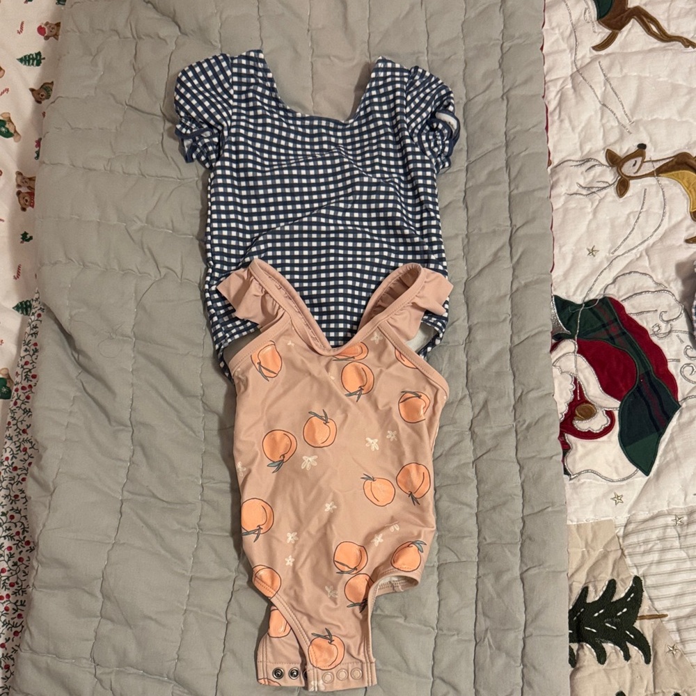 Little Planet Blue Gingham and Peach Print Kids One Piece Set: Size 18months